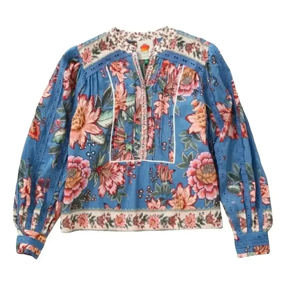 Farm Rio Wonderful Bouquet Floral Blue Long Sleeve Blouse Size Small